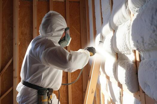 Insulation being installed into the open wall cavities of a new build